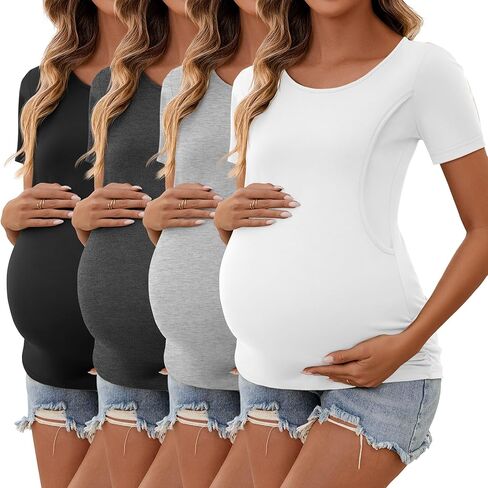 Ficerd 4 Pack Nursing Tops Cotton Short Sleeve Maternity Shirts for Women Double Layer Breastfeeding Tees Pregnancy Clothes in Kuwait