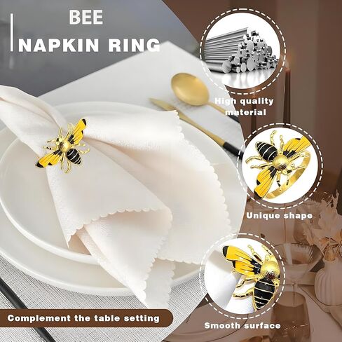 مجموعة حلقات مناديل النحل مكونة من 4 قطع، حوامل مناديل نحل العسل الصفراء، مشبك مناديل معدني ذهبي لتزيين الحفلات، طاولة الطعام، كل يوم، التجمعات العائلية (النحل اثنان) in Kuwait