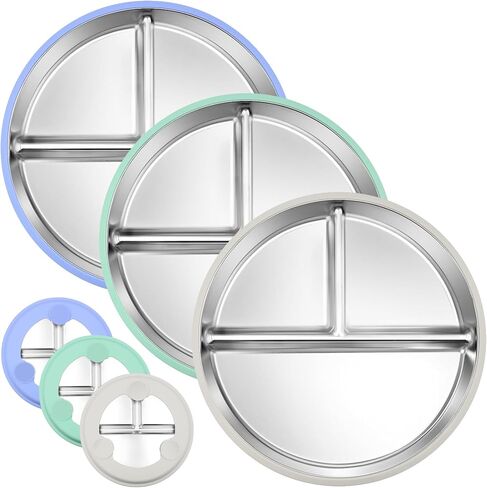3-Pack Stainless Steel Baby Plates with Suction, BPA-Free Stainless Steel Kids Plates, Toddler Plate for Dishwasher Safe, Non-Slip Silicone Base, Detachable Design (Blue, Gray, Green) in Saudi Arabia