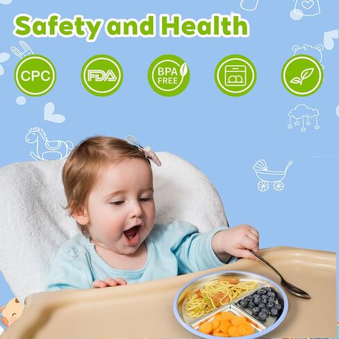 3-Pack Stainless Steel Baby Plates with Suction, BPA-Free Stainless Steel Kids Plates, Toddler Plate for Dishwasher Safe, Non-Slip Silicone Base, Detachable Design (Blue, Gray, Green) in Saudi Arabia