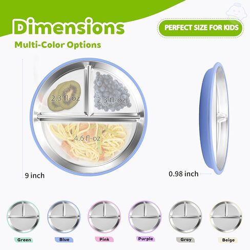 3-Pack Stainless Steel Baby Plates with Suction, BPA-Free Stainless Steel Kids Plates, Toddler Plate for Dishwasher Safe, Non-Slip Silicone Base, Detachable Design (Blue, Gray, Green) in Saudi Arabia