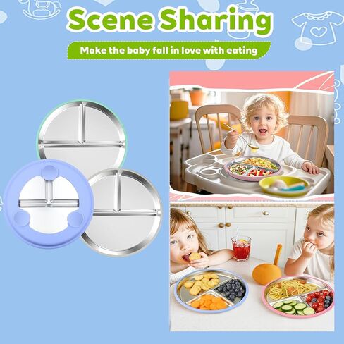 3-Pack Stainless Steel Baby Plates with Suction, BPA-Free Stainless Steel Kids Plates, Toddler Plate for Dishwasher Safe, Non-Slip Silicone Base, Detachable Design (Blue, Gray, Green) in Saudi Arabia