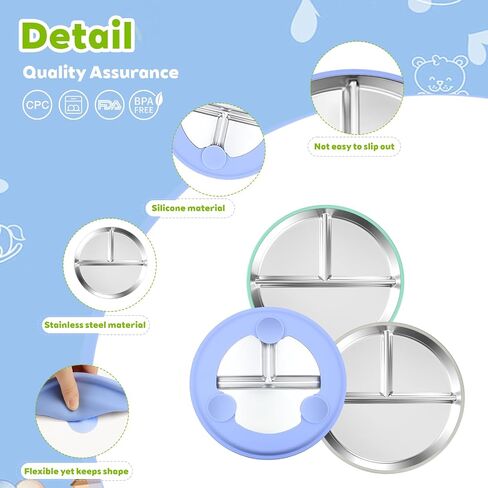 3-Pack Stainless Steel Baby Plates with Suction, BPA-Free Stainless Steel Kids Plates, Toddler Plate for Dishwasher Safe, Non-Slip Silicone Base, Detachable Design (Blue, Gray, Green) in Saudi Arabia