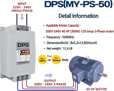 Capacity(DPS) 30HP 90A 220V, Single-Phase to 3-Phase Converter, MY-PS-30 Must Be Only Used for 25HP(18.5kW) 75A 220V 3-Phase Motor, One DPS Must Be Used for One Motor Only, UL Listed in Saudi Arabia
