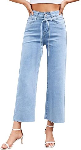 Allimy Womens Jeans High Rise Belted Wide Straight Leg Frayed Hem Jeans for Women Trendy 2025 Denim Pants in Saudi Arabia
