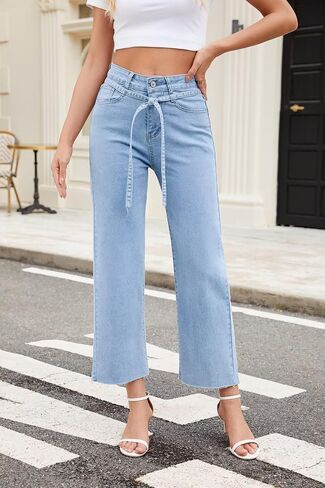 Allimy Womens Jeans High Rise Belted Wide Straight Leg Frayed Hem Jeans for Women Trendy 2025 Denim Pants in Saudi Arabia