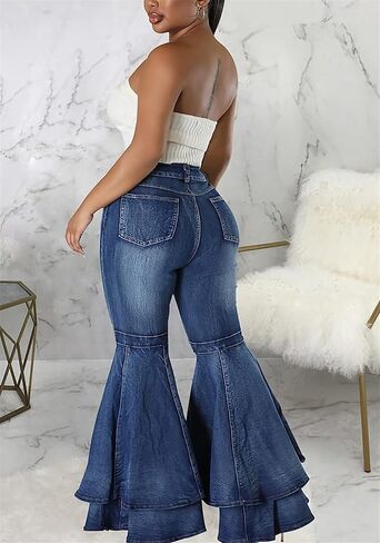 Cute Bell Bottom Jeans for Women High Waist Flare Jeans Patchwork Pleated Layered Ruffle Hem Wide Leg Denim Long Pants in Kuwait