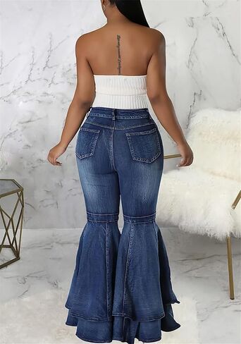 Cute Bell Bottom Jeans for Women High Waist Flare Jeans Patchwork Pleated Layered Ruffle Hem Wide Leg Denim Long Pants in Kuwait