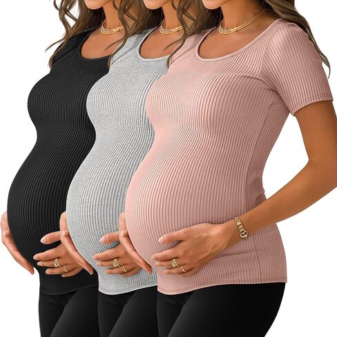 Neer 3 Pack Women's Maternity T Shirts Ribbed Cotton Pregnancy Tops Short Sleeve Crew Neck Soft Summer Tee Mama Clothes(Army Green, Light Gray, Black,Large) in Kuwait