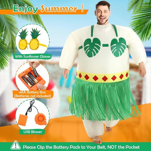 Geiserairailie قابلة للنفخ في Luau Hula Skirt زي للبالغين تفجير أزياء الحفلات في هاواي لبدلة كرنفال شاطئية مضحكة in Saudi Arabia