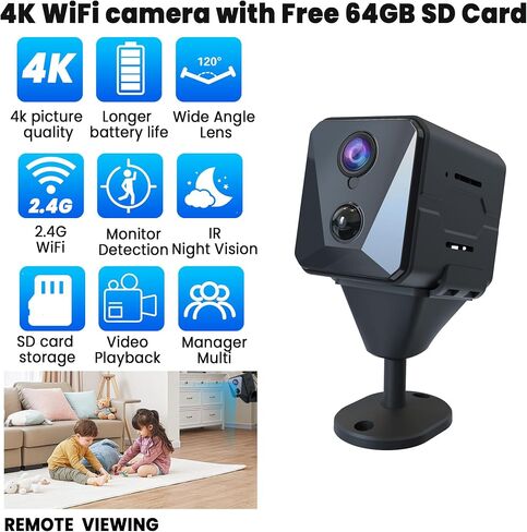 2025 Upgraded Security Camera, 4K HD Mini Nanny Cam for Home with Night Vision, WiFi Indoor Camera, 100 Days Long Battery Life, Motion Detection, Remote Viewing, Wireless Surveillance Cam in Kuwait