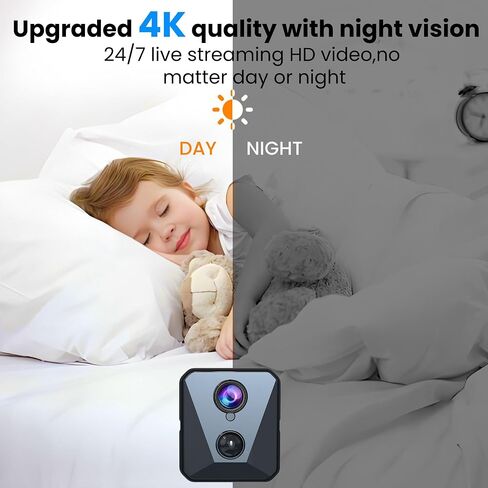 2025 Upgraded Security Camera, 4K HD Mini Nanny Cam for Home with Night Vision, WiFi Indoor Camera, 100 Days Long Battery Life, Motion Detection, Remote Viewing, Wireless Surveillance Cam in Kuwait