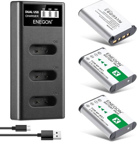 بطارية ENEGON NP-BX1 مكونة من 3 قطع + شاحن ثلاثي LCD ذكي، سعة عالية 1300 مللي أمبير في الساعة، متوافق مع سلسلة Sony ZV-1، DSC-RX100 (I، II، III، IV، V، VII) والمزيد، مثالية للتصوير الممتد in Kuwait