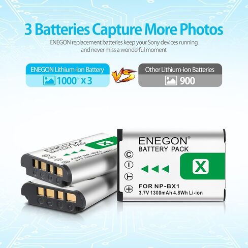بطارية ENEGON NP-BX1 مكونة من 3 قطع + شاحن ثلاثي LCD ذكي، سعة عالية 1300 مللي أمبير في الساعة، متوافق مع سلسلة Sony ZV-1، DSC-RX100 (I، II، III، IV، V، VII) والمزيد، مثالية للتصوير الممتد in Kuwait