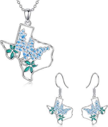 Texas Necklace and Earrings 925 Sterling Silver Texas State Bluebonnets Jewelry Map Flag Hometown Texas Gifts for Women Love TX in Saudi Arabia