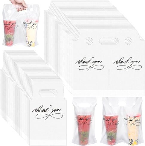 MJOGGOTT 1000 Count Handle Drinking Poly Bags, Thank You Clear Plastic Packaging Drinks Bags Drink Carrier with Handle Cup Carriers for Drinks Beverage Coffee Restaurant Bar, Hold 1 and 2 Cups in Saudi Arabia