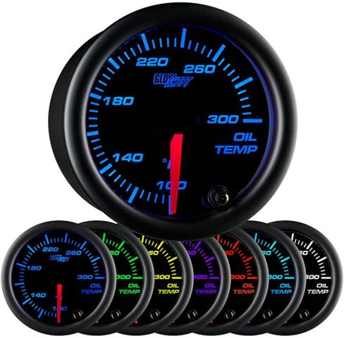 GlowShift Black 7 Color 300 F Oil Temperature Gauge Kit - Includes Electronic Sensor - Black Dial - Clear Lens - for Car & Truck - 2-1/16" 52mm in Saudi Arabia