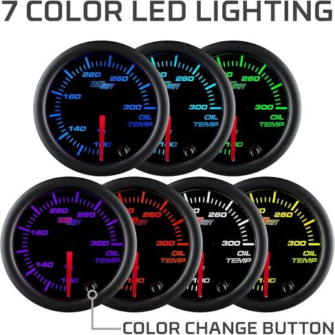 GlowShift Black 7 Color 300 F Oil Temperature Gauge Kit - Includes Electronic Sensor - Black Dial - Clear Lens - for Car & Truck - 2-1/16" 52mm in Saudi Arabia