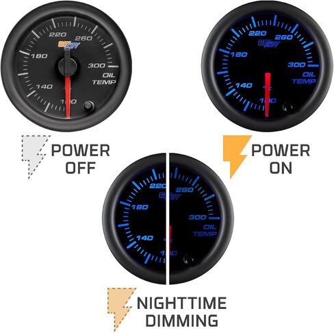 GlowShift Black 7 Color 300 F Oil Temperature Gauge Kit - Includes Electronic Sensor - Black Dial - Clear Lens - for Car & Truck - 2-1/16" 52mm in Saudi Arabia