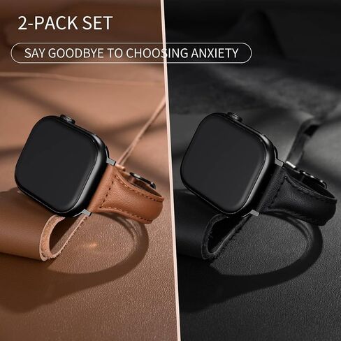 2 pack Slim Genuine Leather Bands Compatible with Apple Watch Band 38mm 40mm 41mm 42mm 44mm 45mm 49mm,Top Layer Leather Watch Thin Women Men Straps for iWatch Series 9/8/7/6/5/4/3/2/1 Ultra SE in Kuwait