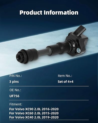 Coil Coil Coils & Iridium Spark Plugs UF756 لـ Volvo XC60 2015-2020 ، XC90 2016-2020 ، S60 2015-2020 ، XC40 2019-2020 ، S80 2016 ، S90 2017-2020 ، V60 ، V90 ، XC70 ، 2.0LL Set من 4 in Saudi Arabia