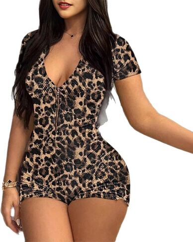 Molilove Women's Sexy Cheetah Print Belesuits قصيرة الأكمام الخامسة in Kuwait
