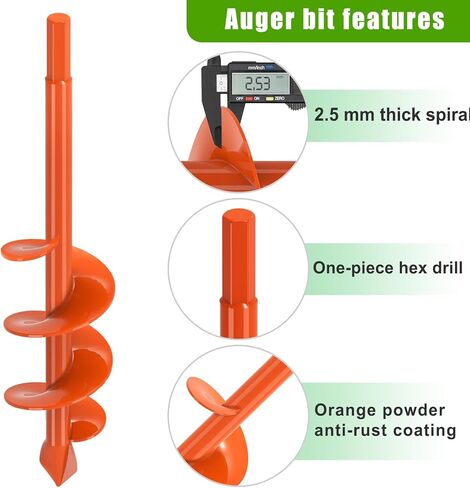 Auger Drill Bit for Planting 2x32 Inch, Heavy Duty Garden Earth Auger with Safety Edges & Orange Anti-Rust Coating, Compatible with Cordless Drills for Clay/Rocky Soil/Sandy Lawn (Hex Shank) in Kuwait