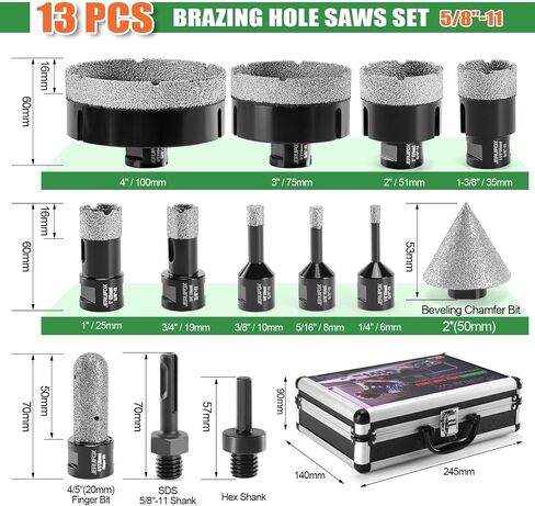Diamond Hole Saw Kit Tile Drill Bits, 11 PCS Diamond Core Drill Bits Set 6/8/10/19/25/35/51/65mm+50mm Chamfer Saw +20mm Finger Bit+SDS Adapter Porcelain Hollow Drill Hole Saw for Ceramic, Granite in Saudi Arabia