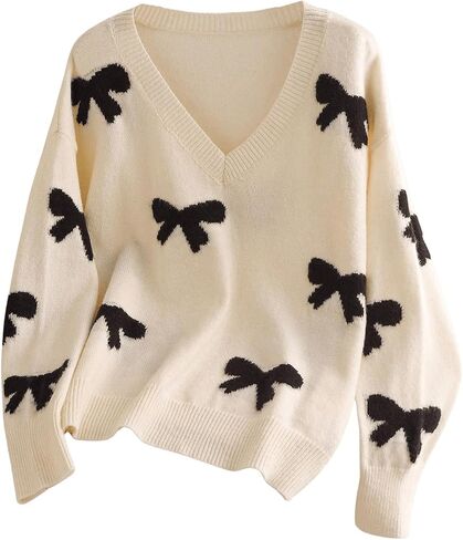 Women's Plus Size Bow Sweaters V Neck Long Sleeve Knit Pullover Tops Soft Knitwear in Saudi Arabia