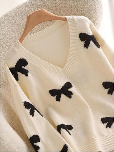 Women's Plus Size Bow Sweaters V Neck Long Sleeve Knit Pullover Tops Soft Knitwear in Saudi Arabia