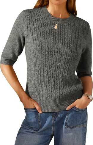Arach&Cloz Women's Wool Blend Old Money Cable Knit Elbow Sleeve Sweaters 2025 in Saudi Arabia