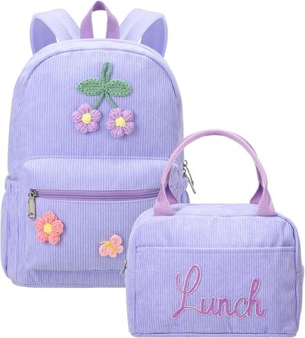 حقيبة ظهر Backpack Preppy Back Preppy Preppy مع حقيبة غداء مع زهرة الكروشيه للفتاة إلى هدية المدرسة (Beige) in Saudi Arabia