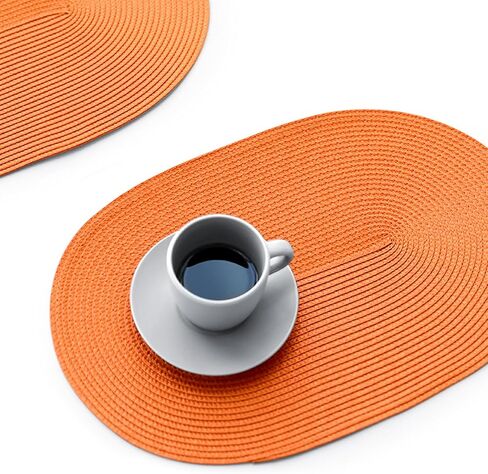 مجموعة مفارش بيضاوية مضفرة من FunWheat مكونة من 6 مفارش طاولة لطاولات الطعام منسوجة وقابلة للغسل وغير قابلة للانزلاق ومفارش طاولة مقاس 12 × 18 بوصة للاستخدام الداخلي والخارجي (برتقالي بيضاوي، 6 قطع) in Kuwait