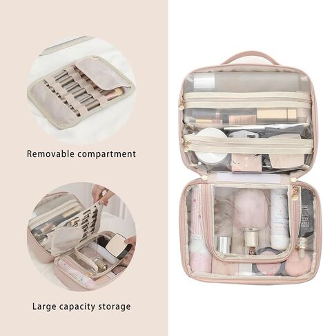 RIGHT AWAY Travel Toiletry Bag for Women, Makeup Bag& Cases, Waterproof Makeup Organizer Cosmetic Bag with Compartments,Portable Make Up Bag for Travel Size Toiletries,Skincare,Brushes Set,Pink in Kuwait
