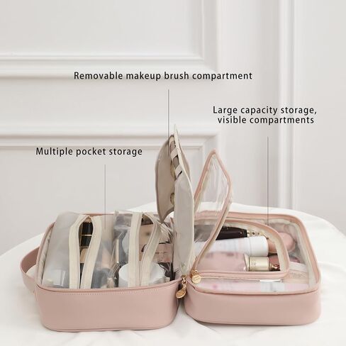 RIGHT AWAY Travel Toiletry Bag for Women, Makeup Bag& Cases, Waterproof Makeup Organizer Cosmetic Bag with Compartments,Portable Make Up Bag for Travel Size Toiletries,Skincare,Brushes Set,Pink in Kuwait
