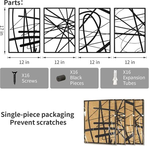 Art3dwallpanels Black Abstract Wall Art, Metal Single Line Art Wall Decor, 3D Textured Sculptures, Modern Decor for Living Room Bedroom Bathroom Study, 17'' x 12'', 4 Pack in Kuwait