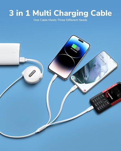 CAFELE Multi Charging Cable【Handy Charging】 3in1 Retractable USB Charging Cable with Type C/Micro USB/IP, Multiple Phone Charger Cord for Phone 14 13 12 11, Samsung S23 S22 S21(4ft)-Red in Kuwait
