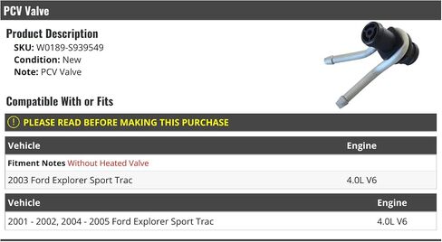 PCV Valve - Compatible with 2001-2005 Ford Explorer Sport Trac 4.0L V6 (without Heated Valve) in Saudi Arabia