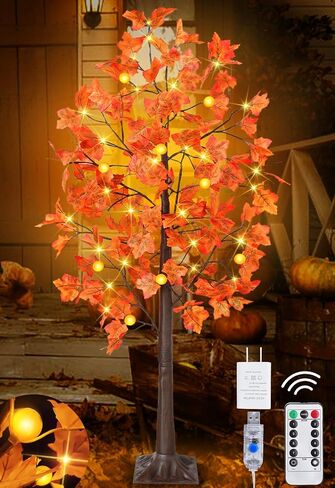 [ Remote Control & Timer ] TURNMEON 5 Ft Lighted Prelit Maple Tree Fall Decorations for Home, 72 Warm White LEDs 6 Patented Pumpkin Lights 8 Modes Thanksgiving Fall Halloween Decor Indoor Outdoor in Saudi Arabia