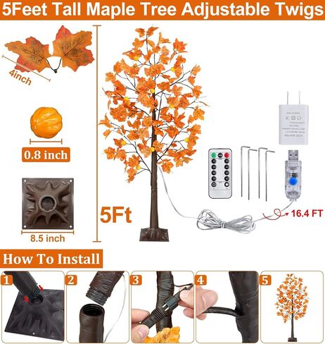 [ Remote Control & Timer ] TURNMEON 5 Ft Lighted Prelit Maple Tree Fall Decorations for Home, 72 Warm White LEDs 6 Patented Pumpkin Lights 8 Modes Thanksgiving Fall Halloween Decor Indoor Outdoor in Saudi Arabia