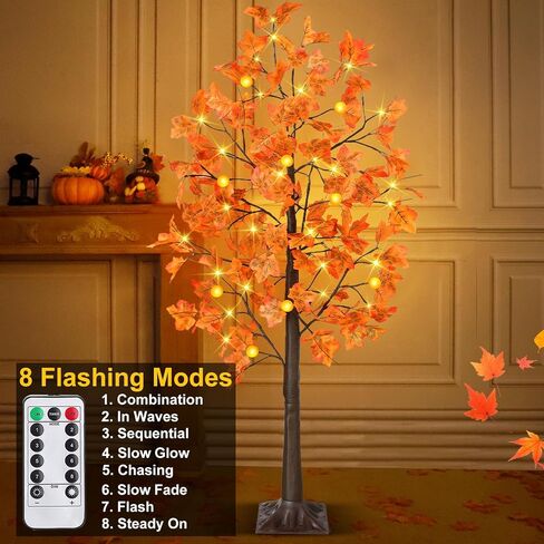 [ Remote Control & Timer ] TURNMEON 5 Ft Lighted Prelit Maple Tree Fall Decorations for Home, 72 Warm White LEDs 6 Patented Pumpkin Lights 8 Modes Thanksgiving Fall Halloween Decor Indoor Outdoor in Saudi Arabia