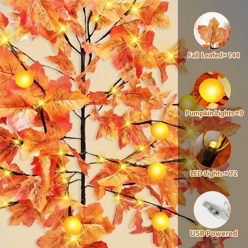 [ Remote Control & Timer ] TURNMEON 5 Ft Lighted Prelit Maple Tree Fall Decorations for Home, 72 Warm White LEDs 6 Patented Pumpkin Lights 8 Modes Thanksgiving Fall Halloween Decor Indoor Outdoor in Saudi Arabia