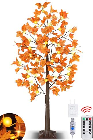 [ Remote Control & Timer ] TURNMEON 5 Ft Lighted Prelit Maple Tree Fall Decorations for Home, 72 Warm White LEDs 6 Patented Pumpkin Lights 8 Modes Thanksgiving Fall Halloween Decor Indoor Outdoor in Saudi Arabia