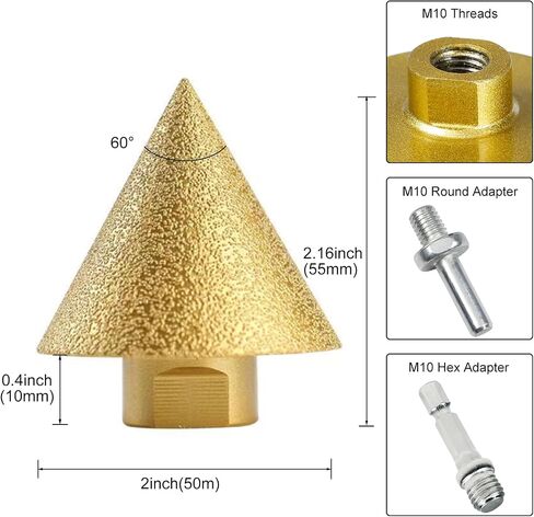 Diamond Beveling Chamfer Bit, Diamond Countersink Drill Bit for 2"(50mm) Dia Hole Drilling Enlarging Trimming Grinding in Tile Granite Marble Porcelain Ceramic with M10 Thread Adapter in Kuwait