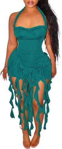 Ptorlio Sexy Women's Mini Halter Dress Birthday Party Club Ruffle Tassel Backless Bodycon Short Dresses in Kuwait