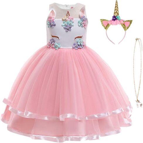 Unicorn Costume, Princess Unicorn Dress Fancy Dress with Necklace, Headband for Kids & Toddlers Birthday in Kuwait