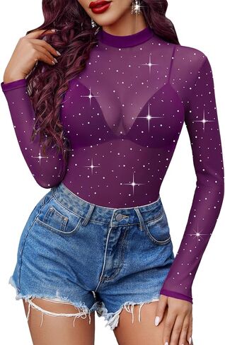 Avidlove Mesh Top Women Rhinestone Tops for Women Long Sleeve See من خلال قميص Mock Neck Tee Blouses S-XXL in Saudi Arabia