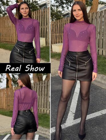 Avidlove Mesh Top Women Rhinestone Tops for Women Long Sleeve See من خلال قميص Mock Neck Tee Blouses S-XXL in Saudi Arabia