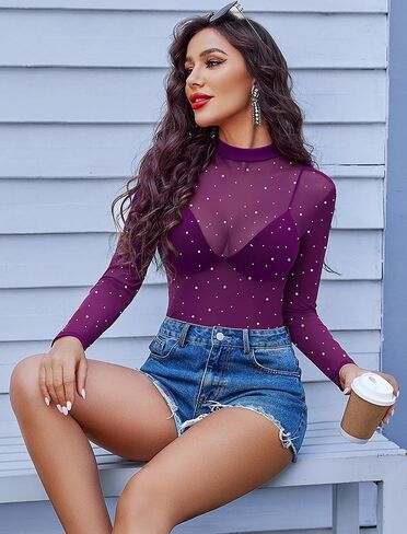Avidlove Mesh Top Women Rhinestone Tops for Women Long Sleeve See من خلال قميص Mock Neck Tee Blouses S-XXL in Saudi Arabia