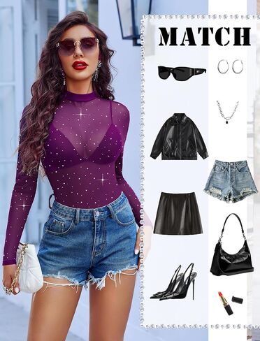 Avidlove Mesh Top Women Rhinestone Tops for Women Long Sleeve See من خلال قميص Mock Neck Tee Blouses S-XXL in Saudi Arabia